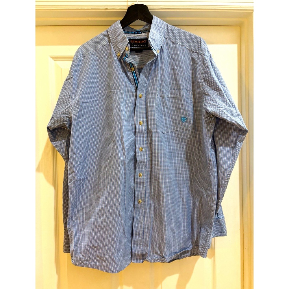 Ariat Pro Series Men's L Blue White Check Woven Button-Down Shirt Pockets
